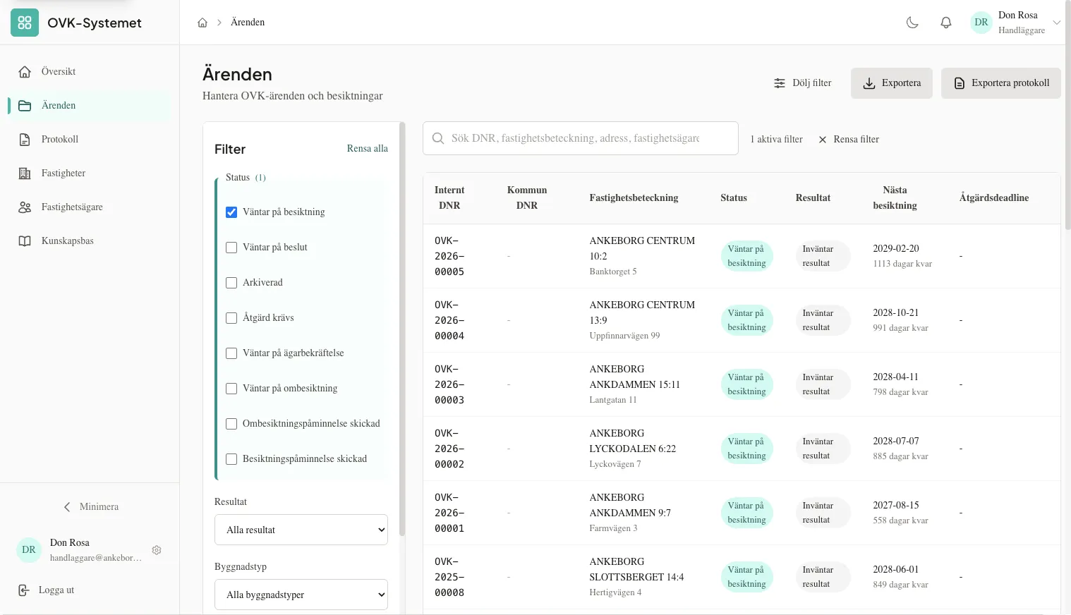 Ärendelistan med filtrering och statusöversikt
